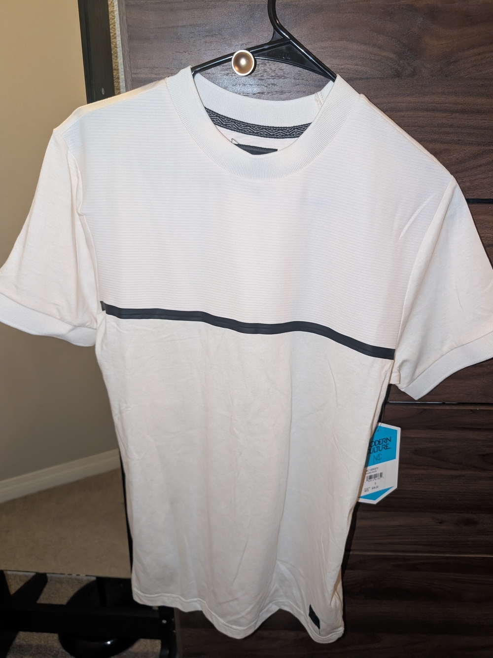 Men's White Short-Sleeve Crewneck Shirt with Black Chest Stripe